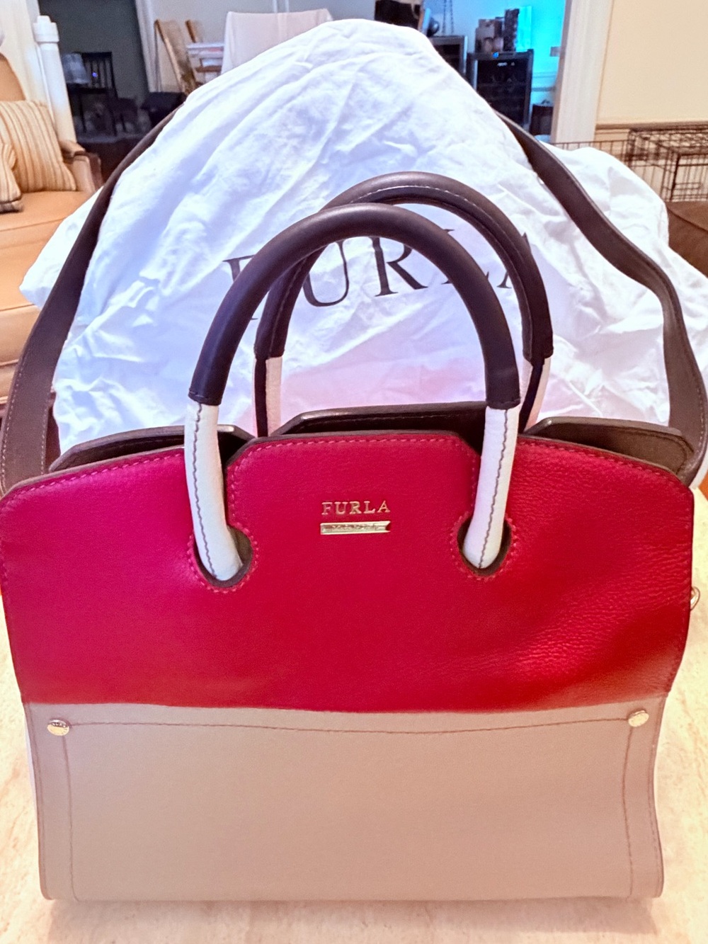 Furla Two-Tone Leather Satchel - Red and Cream with Black Handles